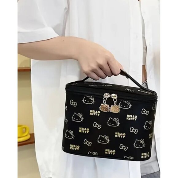 Hello Kitty Large Black Cosmetic Bag – Travel Toiletry Case with Gold Zipper - Picture 2 of 4